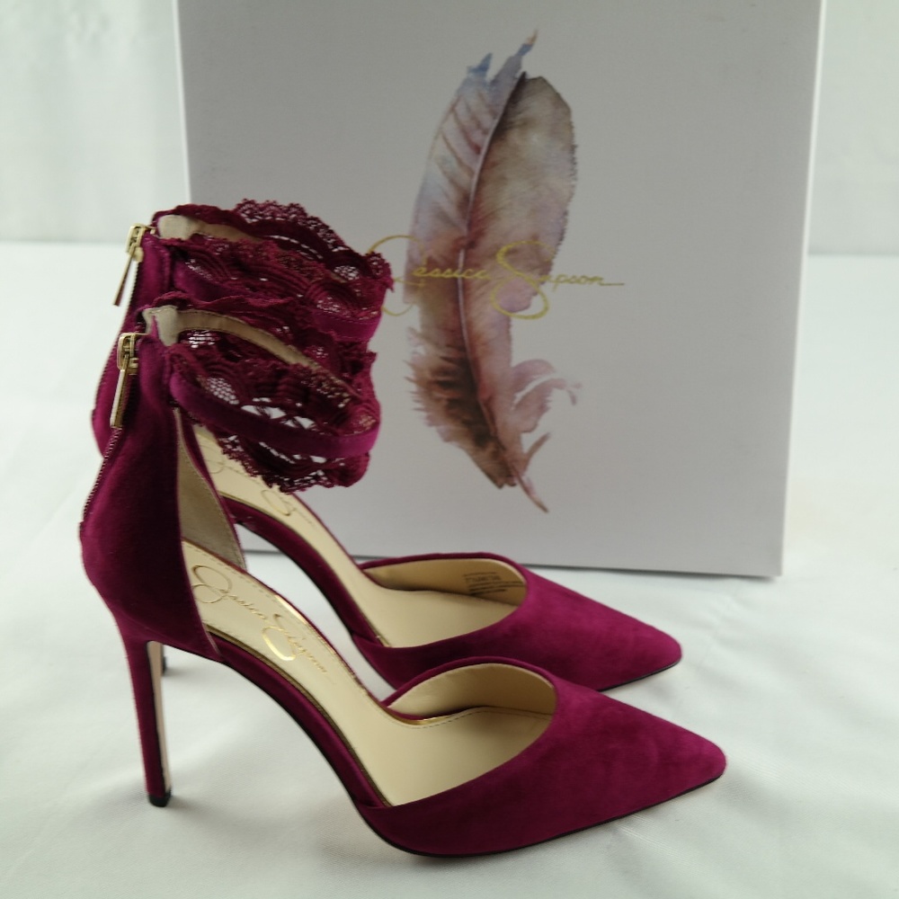 Jessica Simpson Magenta Lace Ankle-Strap Pointed-Toe Heels